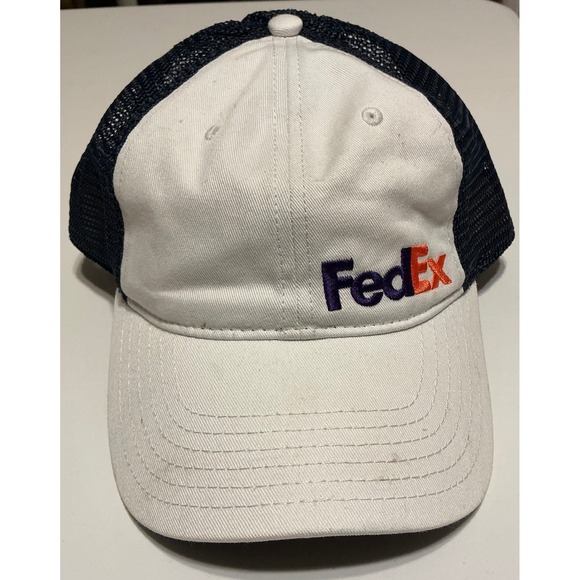 FedEx Trucker Hat Mesh Back White Navy Logo Baseball Cap Adjustable